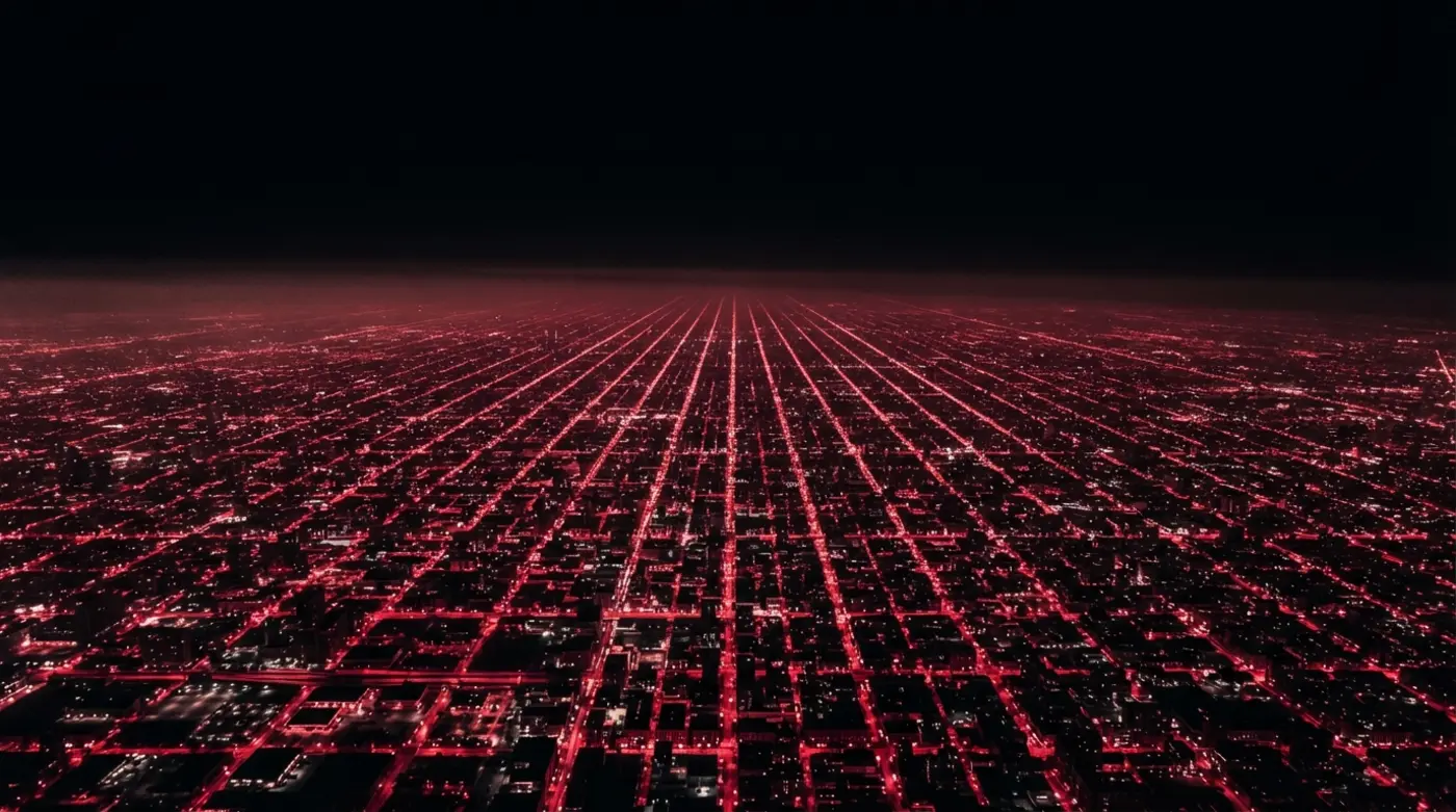 Aerial grid of city lights at night