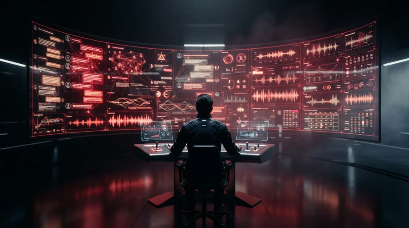 Developer working at a wall of screens in a control room