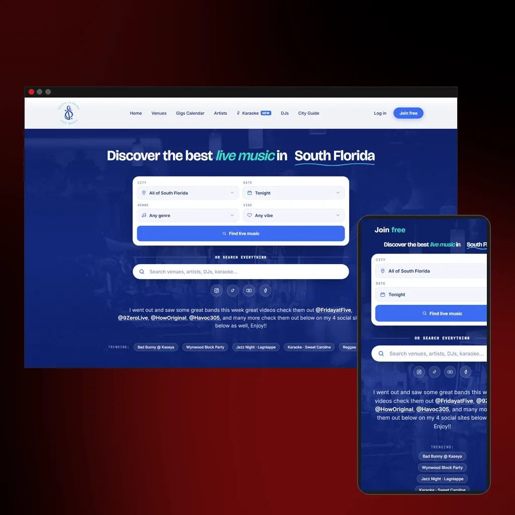 South Florida Live Music website on desktop and mobile