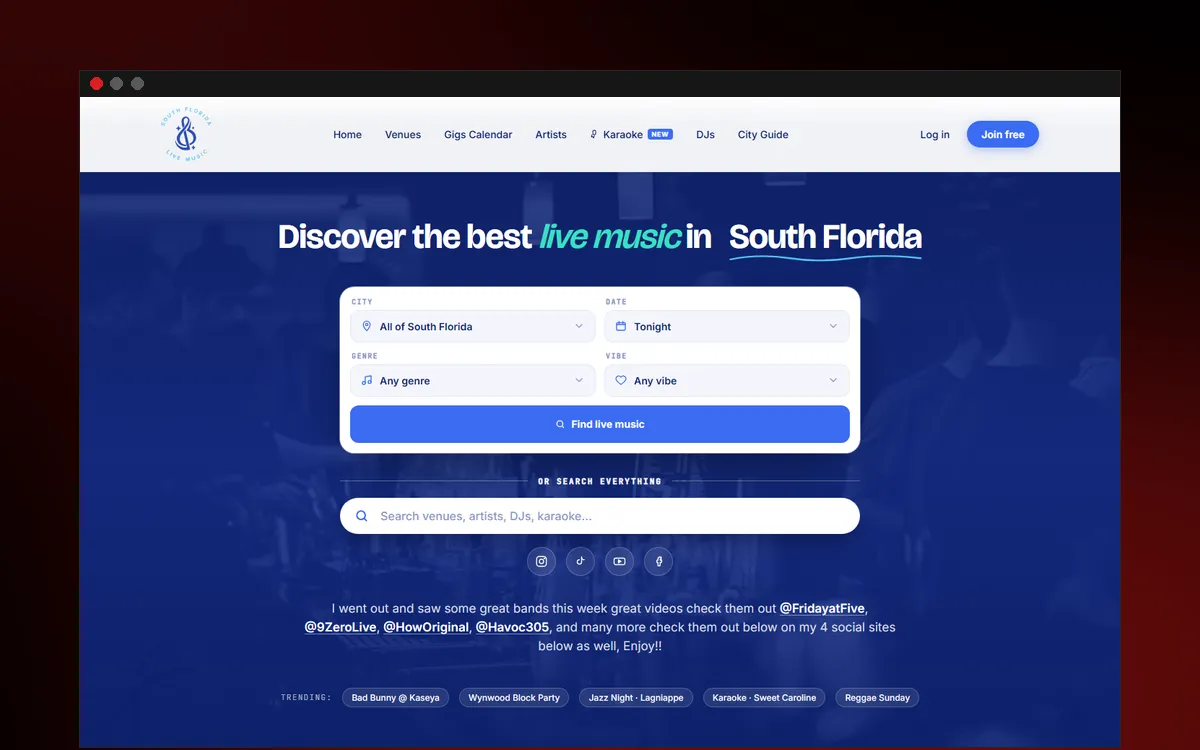 South Florida Live Music website home page